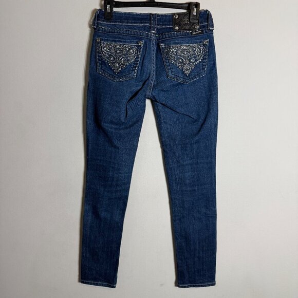 Miss Me Bedazzled Thick Stitch Skinny Jeans Women's 27 Dark Wash Embroidered - Picture 8 of 15
